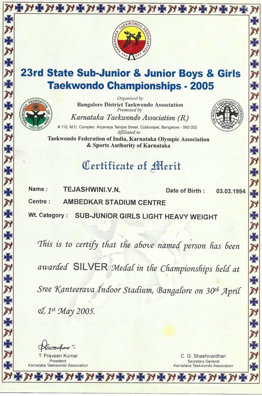 23rd State Sub-Junior & Junior Championship — 2005 · Silver Medal · Karnataka Taekwondo Association