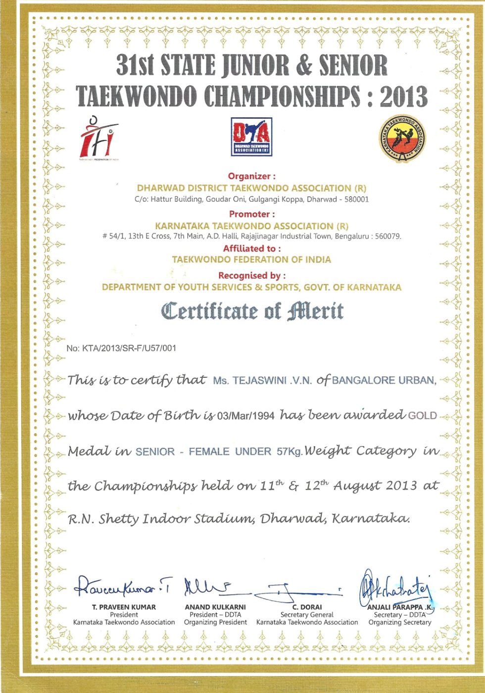 31st State Junior & Senior Championship — 2013 · Gold Medal · Senior Female U-57kg