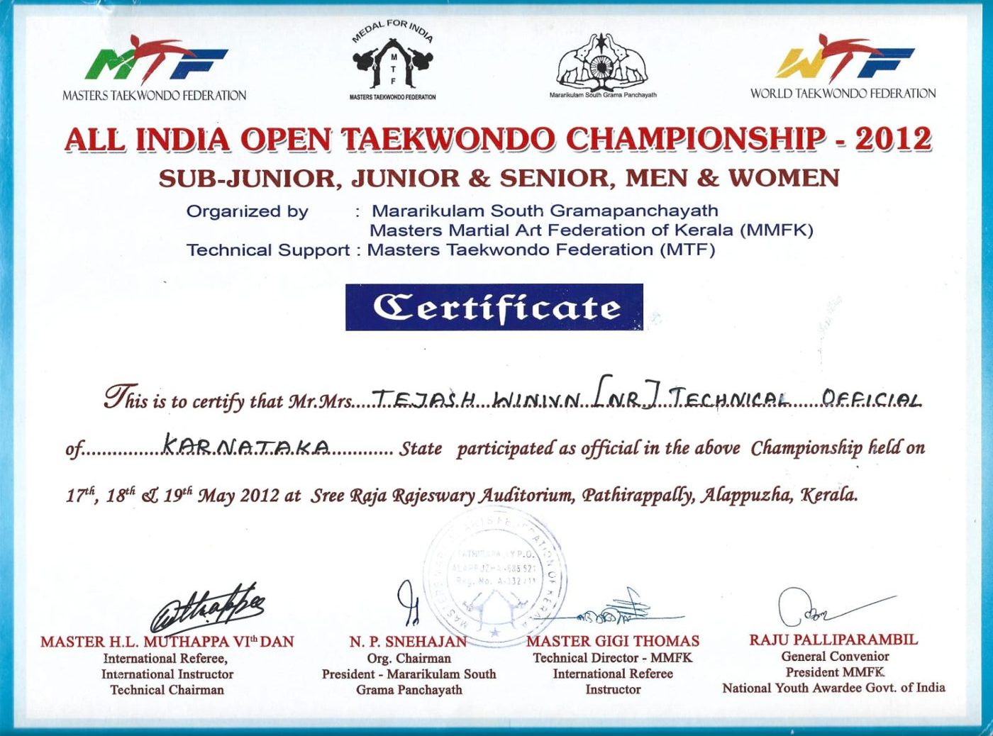 All India Open Taekwondo Championship — 2012 · Technical Official · Kerala