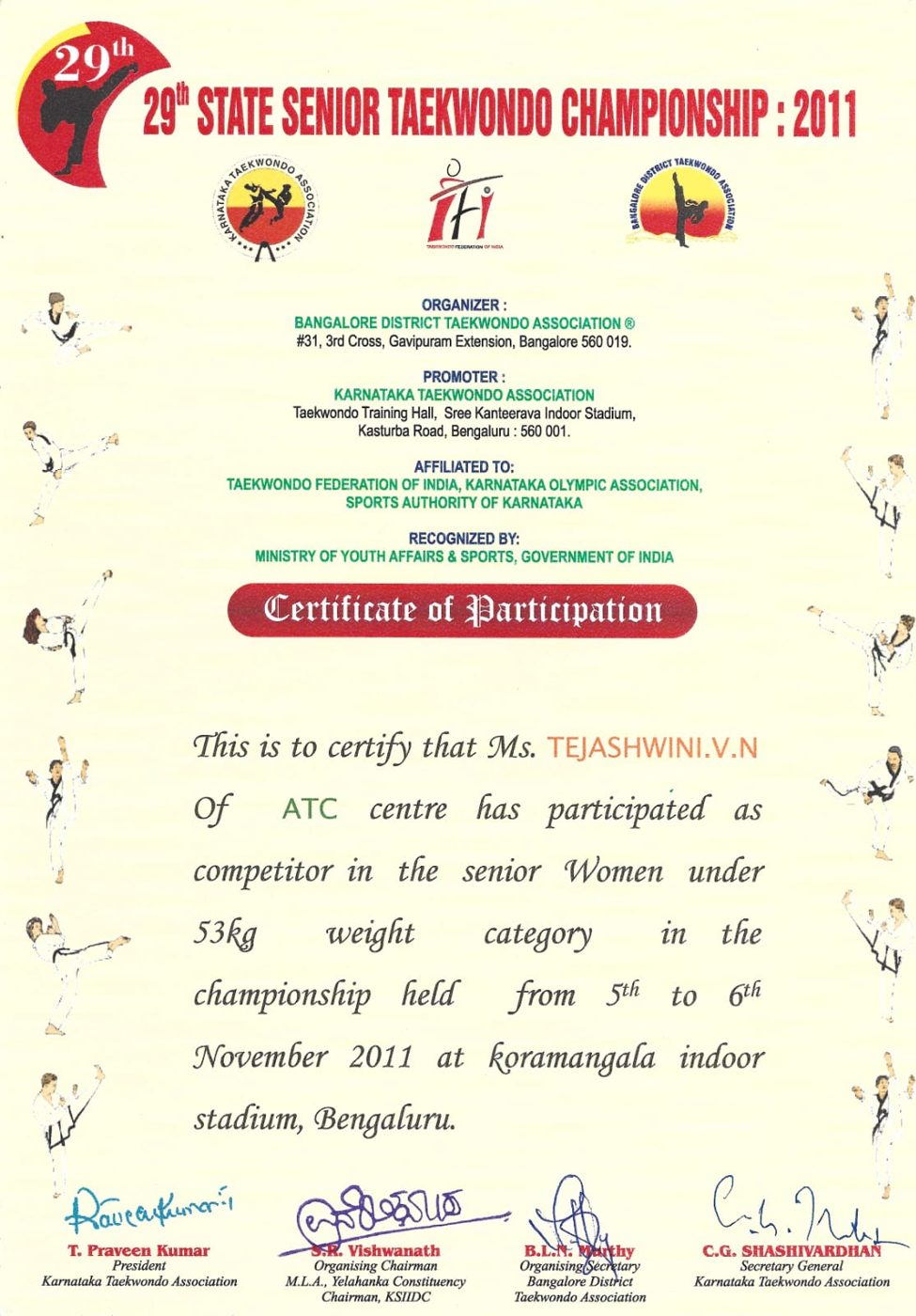 29th State Senior Championship — 2011 · Certificate of Participation