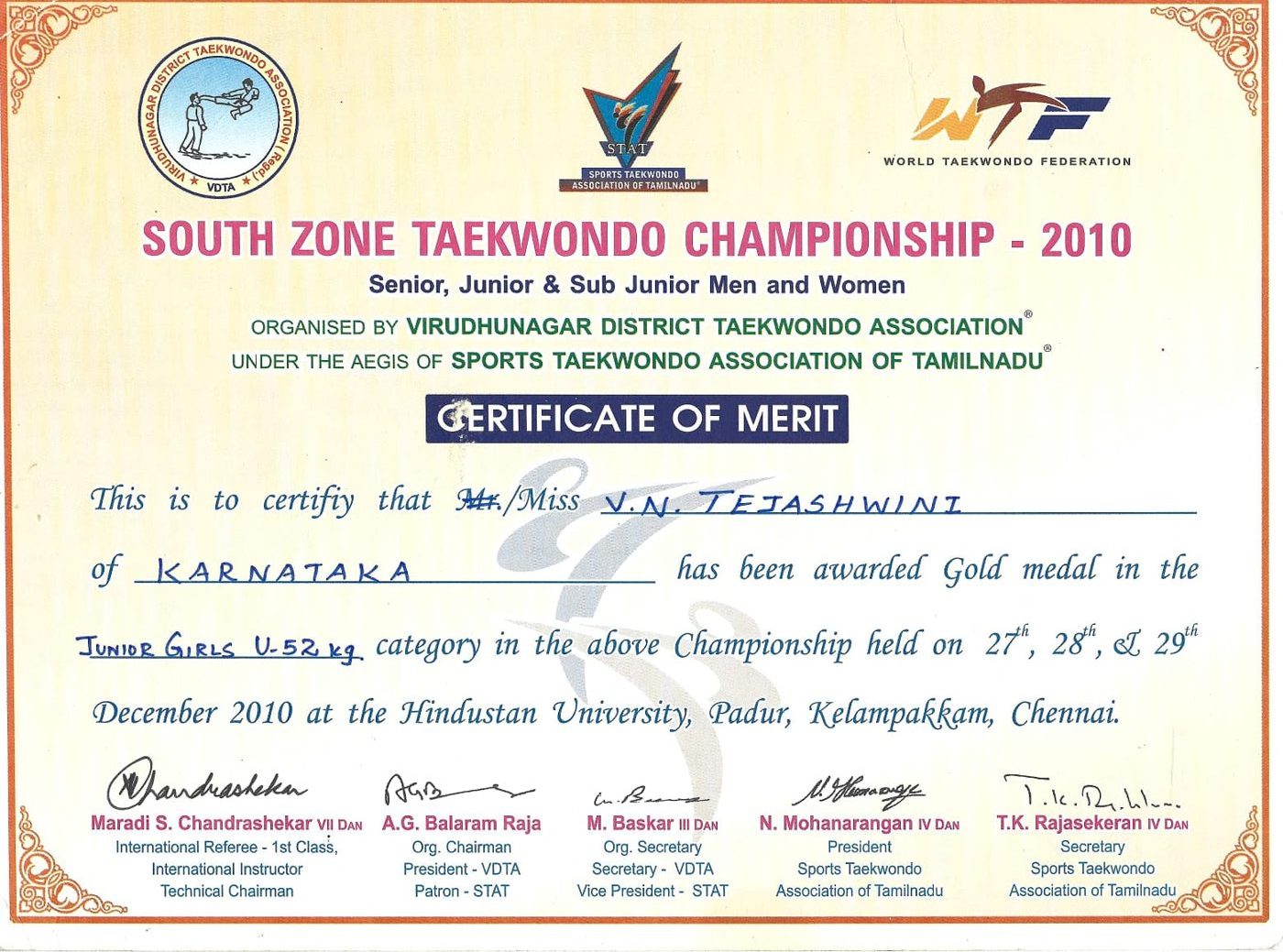 South Zone Taekwondo Championship — 2010 · Gold Medal · Chennai